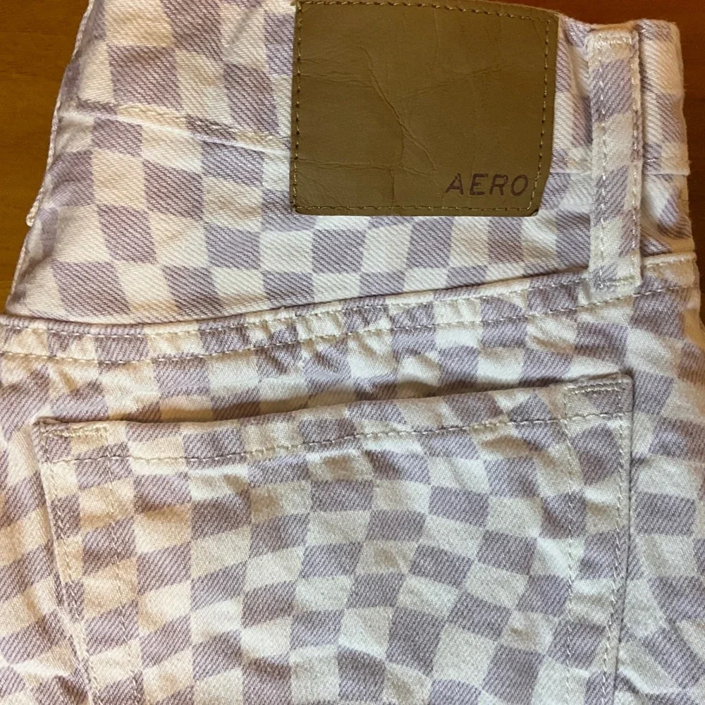 Aeropostale Womens 4R High Rise Distressed Checkerboard Denim Shorty Mini Shorts